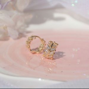 18K Gold Plated Clear Cubic Zirconia Leaf Hoop Earrings